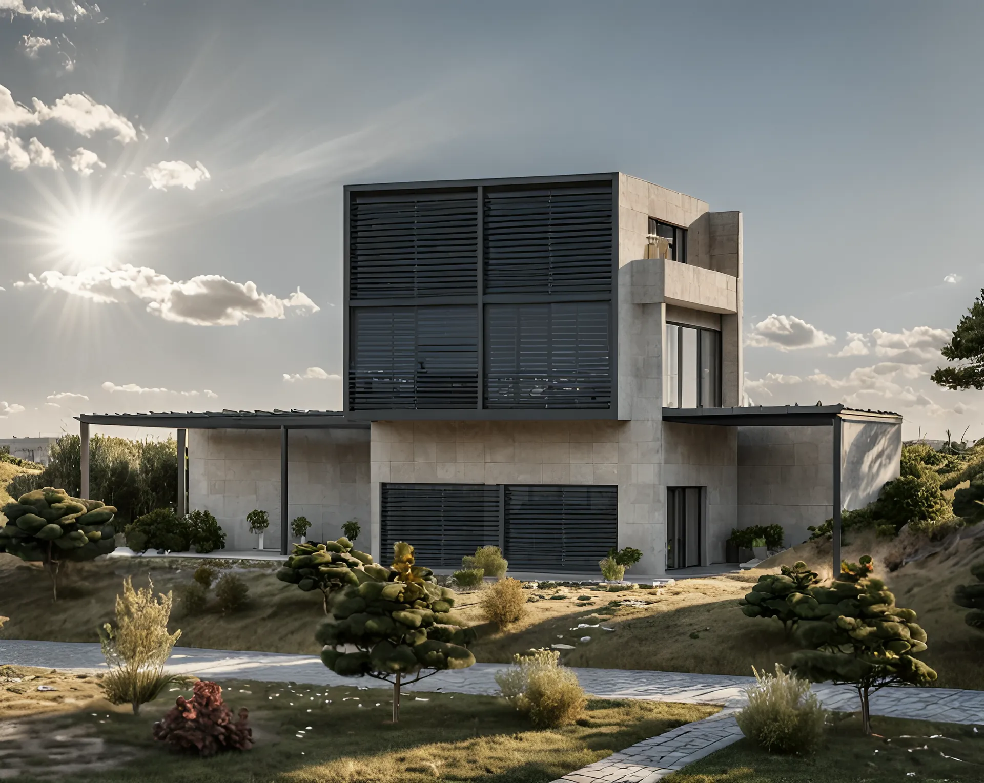 Architectural visualisation of the approved Lisi Lake house from the front, showing the louvred upper volume — not current condition