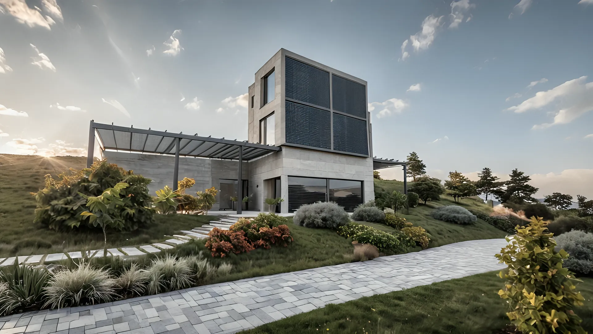 Architectural visualisation of the approved Lisi Lake house seen from the garden path — not current condition