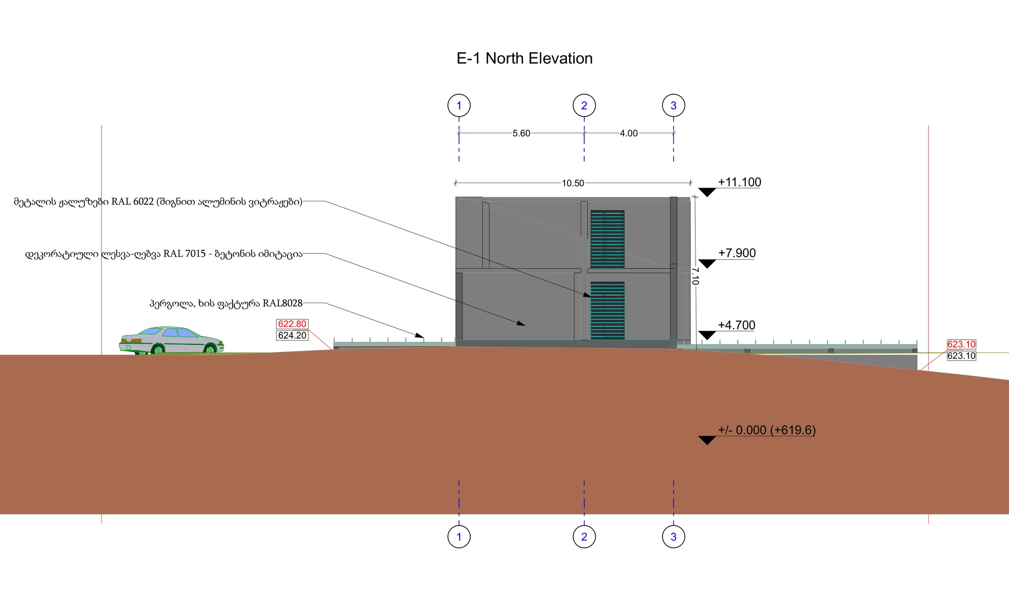 North elevation drawing of the approved Lisi Lake house showing levels +4.70, +7.90 and +11.10