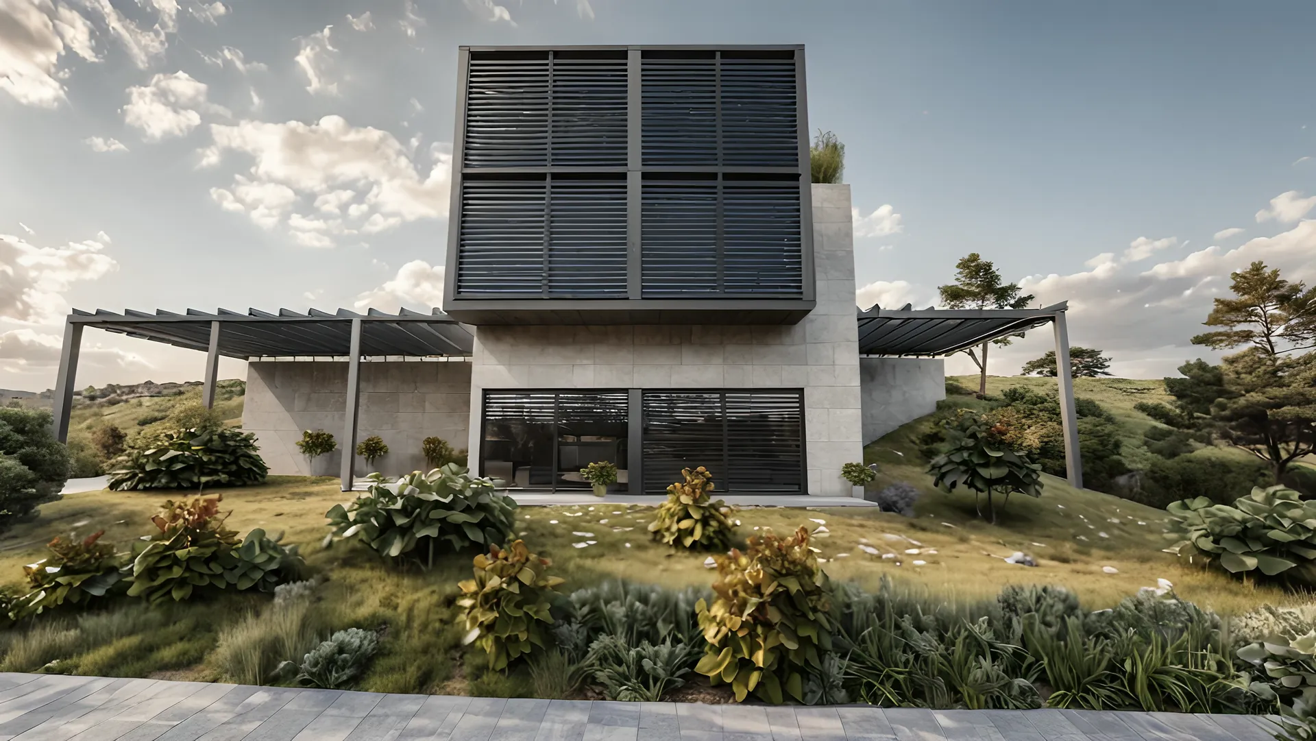 Architectural visualisation of the approved Lisi Lake house with pergolas on both sides — not current condition