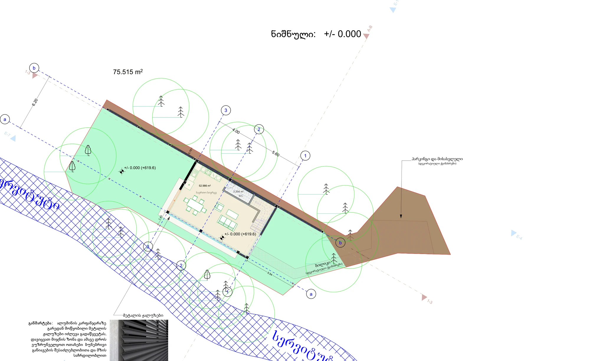 Technical plan of the living level at ±0.00 with pergola zones on either side