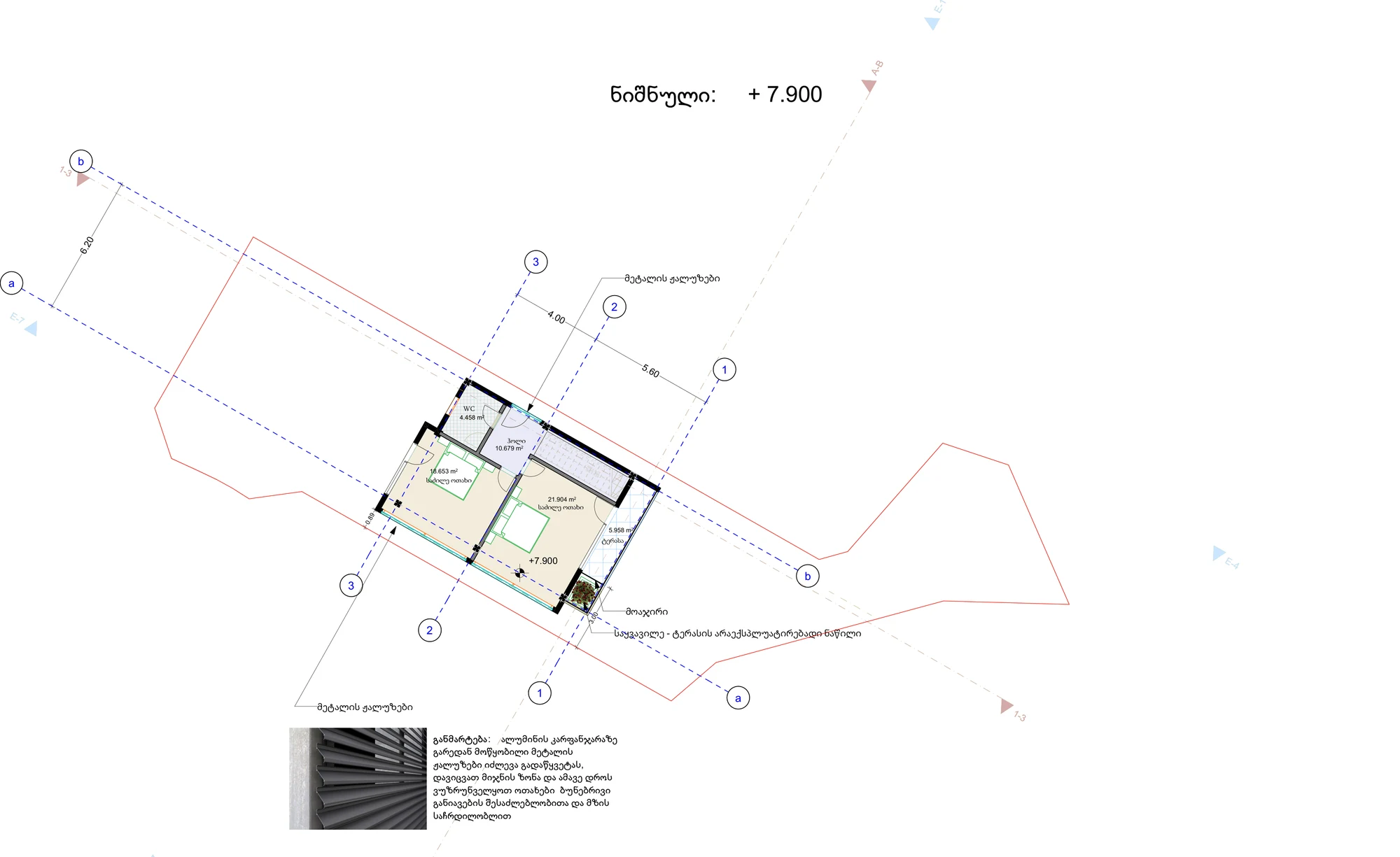 Technical plan of the upper level at +7.90 with terrace